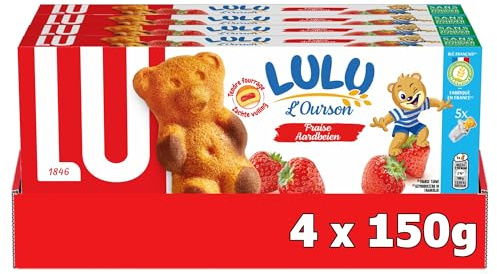 LU - Lulu L'Ourson Fraise - Gâteau Moelleux Fourré à la Fraise - Idéal Goûter, Petit Déjeuner, Snack - Lot de 4 Paquets de 150 g | 4 Paquets de 150g | Gâteaux moelleux en forme d'ourson fourrés à la fraise | Idéal pour le goûter des enfants