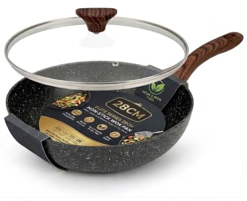 Suprano 28cm Non-Stick Deep Stir Frying Pan with Glass Lid, Wok/Saute Pan Stay-Cool Handle, Egg Omelet Fry Pan, Black Marble Effect for All Hobs (11inch)