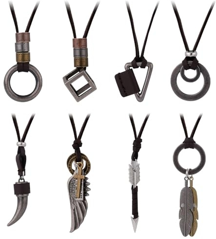 Mikovivi Collier en Cuir Vintage - 8 Styles Réglables avec Anneau de Dent de Loup en Plumes, Bijoux pour Hommes et Femmes