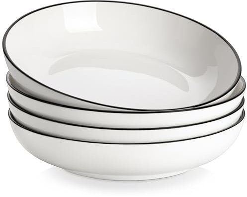 MALACASA Serie REGULAR Juego de 4 Platos para Pasta, Platos Hondos y Ensaladeras de Porcelana de 1680 ml, Color Blanco con Borde Negro