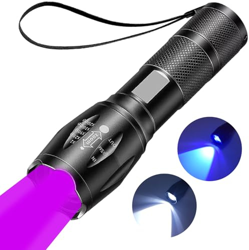 MVIOCS Wiederaufladbare 2 in 1 UV Taschenlampe, Schwarzlicht Taschenlampe, LED Taschenlampe mit Weiß- und UV-Lichtkombination, Wasserdichter Schwarzlicht Haustier Urin Detektor für Hunde/Katze Urin,