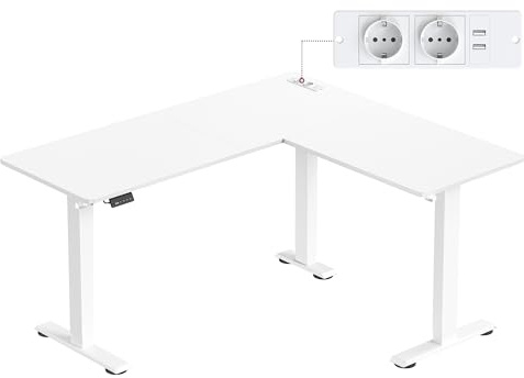VASAGLE Escritorio Eléctrico Regulable en Altura, Escritorio en Forma de L, 140 x 160 cm, con Estación de Carga, Función de 2 Memorias, para Oficina Casa, Blanco Nube y Blanco Mate LSD264W01