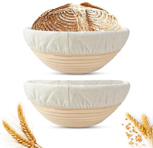 Banneton Bread Proofing Basket, 2 Pack 9-Inch Round Sourdough Proofing Baskets With Linen Liner for Bread Baking, Round Rattan Dough Rising Bowl for Homemade Artisan Loaves