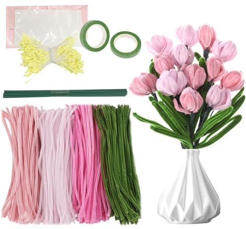 Aymthgt 400 Stück Pfeifenputzer Zum Basteln,Rosa Pfeifenreiniger Zum Basteln, Pfeifenreiniger Blumen Set, Mit Blumendraht, Schleifenband, Blumen Staubblatt Für Blumenstrauß DIY