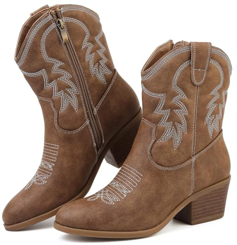 Bravover Cowboy Boots for Women Mid Calf Side Zip Western Embroidery | Almond toe block heel contrast stitching pull tabs synthetic upper for country concerts festivals and casual outfits