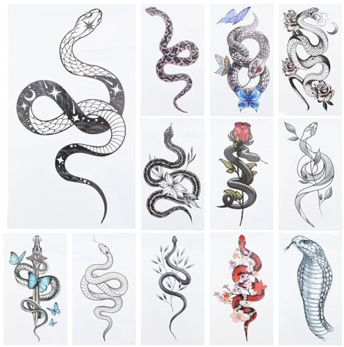 CRASPIRE 12 stili Serpente Tatuaggio Adesivo Animale Tatuaggi Temporanei Carta Impermeabile Rimovibile Realistico Trucco Duraturo Rosa Fiori Farfalla Foglie Adesivi per Corpo Collo Schiena Gamba Arte