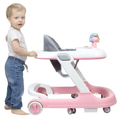 Girello Babywalker 3in 1 Carrello per la veglia e il cammino girello, funzione basculante, con ruote, musica, rosa