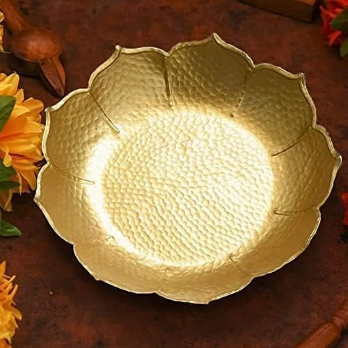 Lotus Round Shape Metal Urli Pot with Taj Border for Home Decor - Floating Flower Candle Decoration | Decorative Bowl for Traditional Design