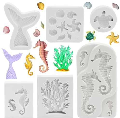 Lot de 6 moules en silicone pour fondant en forme de sirène, animaux marins 3D, coquillage, étoile de mer, tortues, moules en silicone pour décoration de gâteau, chocolat, bonbons, savon fait main