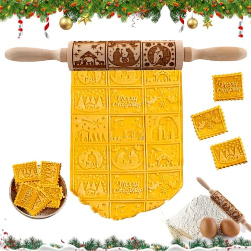Teigroller, Weihnachten Nudelholz, 3D Spekulatiuswalze aus Holz, Teigroller Weihnachten aus massivem Buchenholz 35 CM, Nudelhölze mit Muster Weihnachten für eine kreative Weihnachtsbäckerei