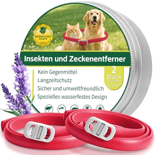 2 Pcs Floh Zeckenhalsband für Katzen & Hunde | Bis zu 16 Monate Langzeitschutz | Natürlicher Floh- und Zeckenschutz | Wasserdichter Verstellbares (rot, Universal)