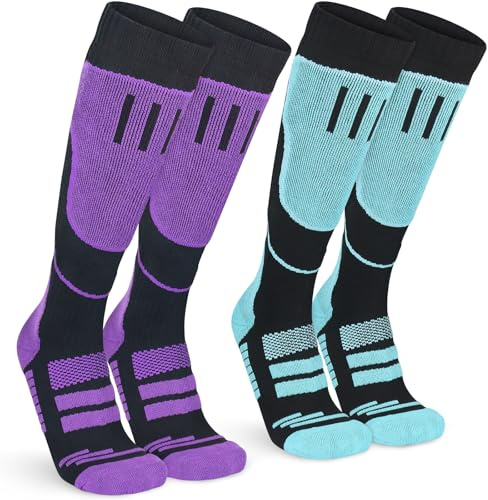 KOOOGEAR Chaussettes de ski pour femme - Chaussettes thermiques - 2 paires de chaussettes de snowboard - Épais - Hiver - Chaudes - Pour l'extérieur - Chaussettes de compression - Coussin