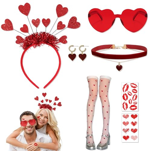PYSEOSISE Amor Kostüm Damen, 7 Stück Amor Kostüm Accessoires, Rot Herz Haarreif mit Herz Brille Socken Halskette Ohrringe für Damen Valentinstag Karneval Maskerade Party