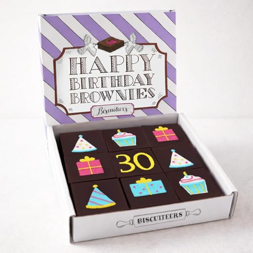 Biscuiteers 30th Birthday Hand-made Brownies - 9 Piece Gift Box | Nine rich, fudgy brownies hand-iced to mark the big day, packaged in a hand-illustrated Happy Birthday sleeve.