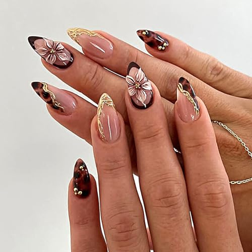 24 Pièces Faux Ongles Autocollants Amande Moyen, Bordure Dorée 3D Ongles à Coller, Français Fleur Imprimé Léopard Press on Nails, Acrylique Couverture Complète Rose Capsule Ongles pour Femme