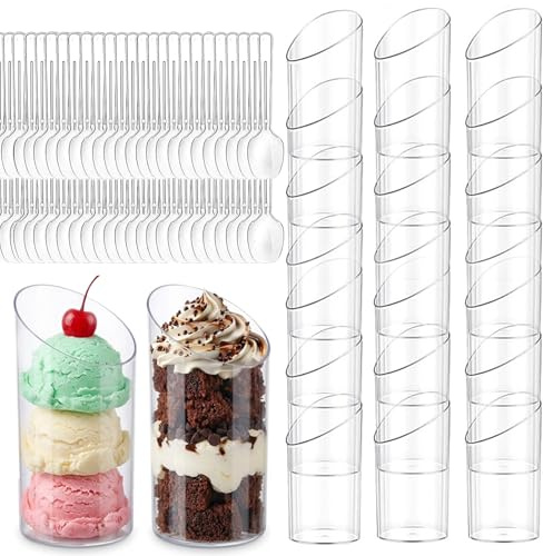 XMSHYODSM Mini Dessert Cups, 50 Pack Mini Angled Dessert Cups with Spoons, 75ml Minis Clear Desserts Bowls Reusable Hard Parfait Cup with 50Pcs Spoons for Chocolate Yogurt Fruit Mousse Pudding