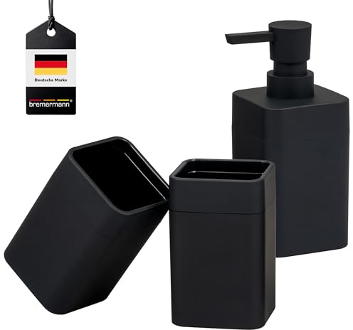 bremermann Badezimmer-Set Savona mit Soft-Touch Oberfläche, eckiges Bad-Accessoires Set 3tlg. aus 1x Seifenspender und 2X Becher, für Badezimmer, Gäste-WC und Küche aus schwarzem Kunststoff (Schwarz)