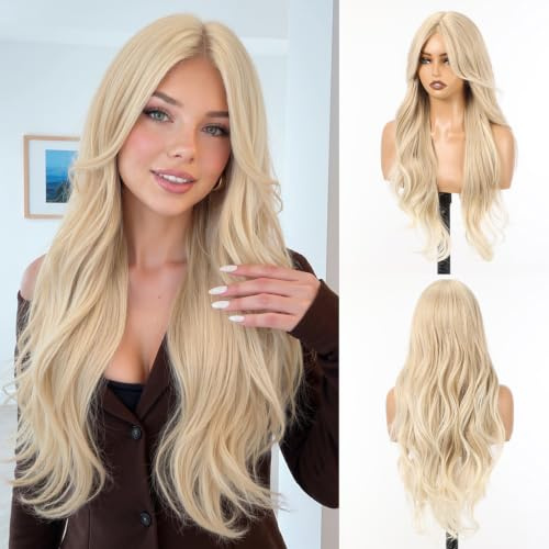 Allbell ren ljusblond syntetisk nätperuk för kvinnor, 71 cm långa våglockar peruk med gardinpony, naturligt medelstort hår fäste limfri solblond glamour stil