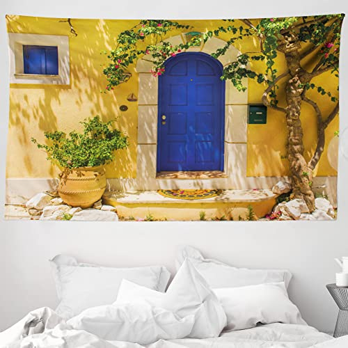 ABAKUHAUS Gelb und Blau Wandteppich und Tagesdecke, Greek House aus Weiches Mikrofaser Stoff Waschbar ohne Verblassen Digitaldruck, 230 x 140 cm,Blau Gelb