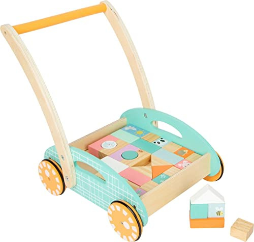 small foot Lauflerwagen Pastell, inkl. 34 Holzbausteine mit süßen Tiermotiven, ab 12 Monaten, 11766