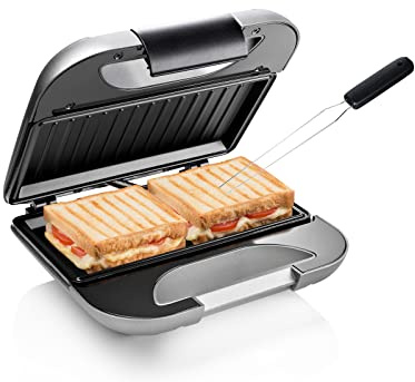 Sandwichera plateada para 2 sándwiches, superficie de cocción de 22 x 12 cm, 750 W