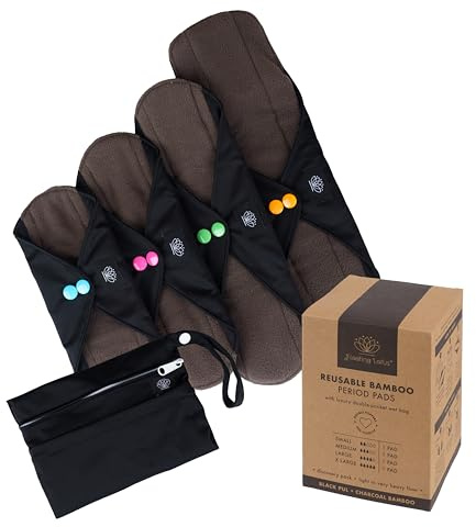 FLOATING LOTUS Reusable Sanitary Pads Discovery Pack (4 Pads Small/Medium/Large/XL: Light to Very Heavy Period Flow) - Black Washable Bamboo Menstrual Starter Towels, inc Waterproof Bag
