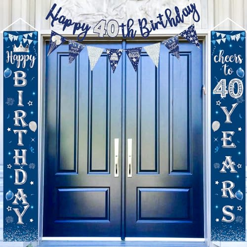 40 Geburtstag Tür Banner Deko Mann, Blau Silber 40. Geburtstag Veranda Schild Banner, 40. Geburtstag Banner Girlande Wimpel Bunting, 40. Geburtstagsfeier Banner Wimpelkette für Tür Männer Party Deko