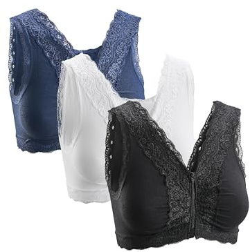 Basic Treasure 3er Pack Seamless Komfort BH mit Reißverschluss, BH ohne Bügel Vorderverschluss, Starker Halt Bustier (M, Weiß/Schwarz/Blau)