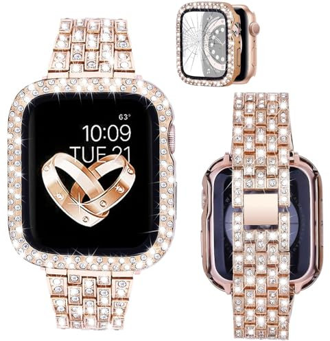VISOOM Women Bling Diamond Straps and Case Compatible with Apple Watch Strap 40mm, Elegant Sparkly Rhinestone Metal Bracelets Wristband Dressy iWatch Band Series SE 6 5 4-Rose gold
