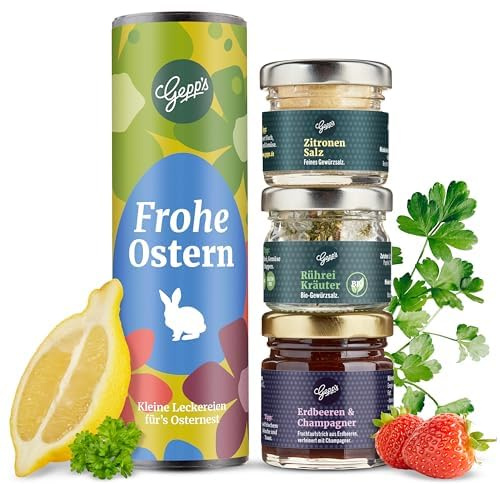 Gepp’s Feinkost Oster Geschenkset Frohe Ostern I Kleines Ostergeschenk | Für Männer & Frauen I Mit Fruchtaufstrich, Rührei-Kräutern & Zitronensalz I Ohne künstliche Zusätze I Gourmet