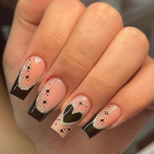 24pcs Long Square Press on Nails French Tip Black Edge Heart Start Glitter Full Cover False Nails with Removable Glue for Valentines Day Women Brides Art Accessories