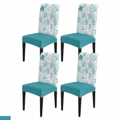 DecorLovee Turquoise Coastal Dining Room Chair Covers Set of 4, Stretch Kitchen Chair Cover Protector, Sea Turtle Nautical Coral Summer Beach Chair Slipcovers Chair Seat Cover for Party Banquet