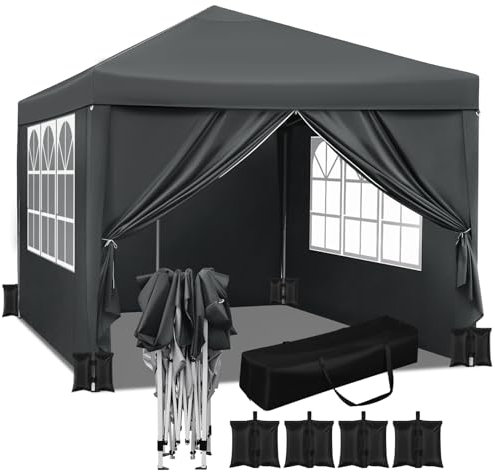 WOLTU Pabellón de Jardín Cenador Plegable Pérgola Cuadrada con Diseño Pop Up Carpa con Cubierta Tela Oxford Hecho de Tubos Metales, 3x3 m, 4PCS Bolsas de Arena Vacía para Carpas,Antracita