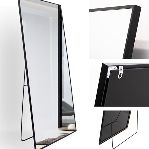Rechteckiger großer Ganzkörper Standspiegel 80x180cm, eingefasst im edlen schwarzen Aluminium Rahmen - kristallklare Spiegelung mit High-Definition-Glas - für Schlafzimmer, Bad, Flur, Wohnzimmer