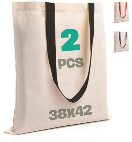 SCANDBAGS – Stoffbeutel – mit farbigen Henkeln – Öko-Material – zum Bedrucken und Bemalen – Einkaufstasche – Baumwolltasche – Unbedruckt – für Geschenke - 2 Stück (Black)