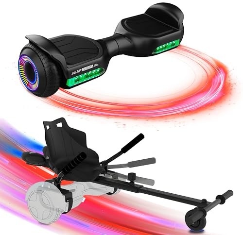 Gift Gadgets G1 Lite Streamline Black Hoverboard and Jet Hoverkart Go Kart Attachment Combo | 6.5-Inch Self-Balancing Scooter with Bluetooth Speaker, LED Wheels, and Lights | For Kids & Adults