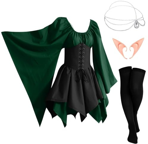MeYuxg Abito Medievale Donna, Costume Elfo Donna Vestito Gotico Vittoriano, Orecchie da Elfo, Accessorio per Capelli, Calzini Sopra il Ginocchio, Abito Irlandese per Halloween Carnevale - XXL