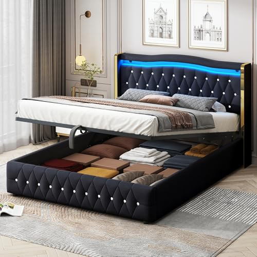 Aoskem Polsterbett Doppelbett 160x200 mit Stauraum, Kopfteil mit LED-Beleuchtung, Hydraulisches Stauraumbett Bettgestell mit Lattenrost, Jugendbett Funktionsbett Flachbett, Ohne Matratze, Samt Schwarz