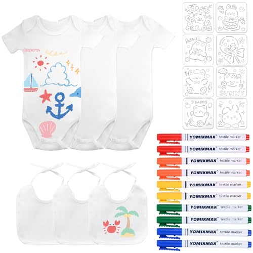 KingYH 6 Stück Bodys zum Bemalen und Baby Lätzchen zum Bemalen 9 Monate | Kurzarm Body und Lätzchen Set mit Bunte Textilstiften und Schablonen für Babyparty Spiele DIY Babyshower Deko Gender Reveal