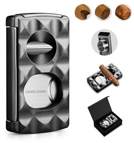 Cigar Cutter Stainless Steel 4-in-1,Double Blade Guillotine, V-Cutter, Cigar Punch, Cigar Holder with Pattern Finish, Gift Box Included (Black)