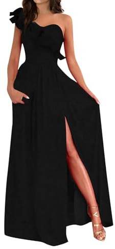 Maxikleid Damen Sommer One Shoulder Rüschen Abendkleider Elegant Für Hochzeit Sommerkleid Lang Abschlusskleid Volant Kleider A Linien Kleid Mit Schlitz Cocktailkleid Frauen Festlich Ballkleid
