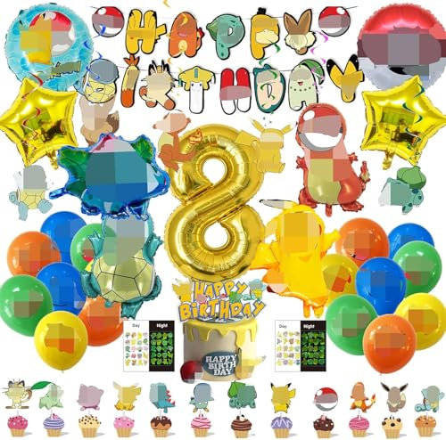Set di decorazioni per il compleanno dei bambini con tema anime dei cartoni animati, decorazioni per feste di 8 anni bambino include striscioni, Palloncini con numeri, Tatuaggi temporanei per bambini