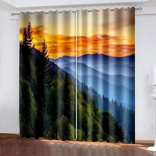 Mesnt Verdunkelungsvorhang Thermo, 137x244cm Orange Blau Grün Wald Sonnenaufgang LandschaftVorhang Blickdicht mit Ösen Thermovorhang Kälteschutz Vorhänge Wohnzimmer Schlafzimmer