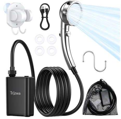 TRJZWA Doccia da Campeggio,2600mAh Doccia Portatile,Batteria Ricaricabile Rapidamente Tramite USB,Portata d'Acqua 5L/min con Soffione Doccia Regolabile,Adatto per Esterni,Escursionismo,Lavaggio Auto
