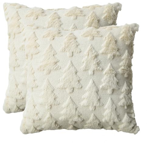 Artoid Mode Künstliche Pelz Beige Kiefern Xmas Bäume Weihnachten Kissenbezüge 2er Set, 40x40 cm Winter Plüsch Samt Zierkissenbezug Schlafzimmer Deko