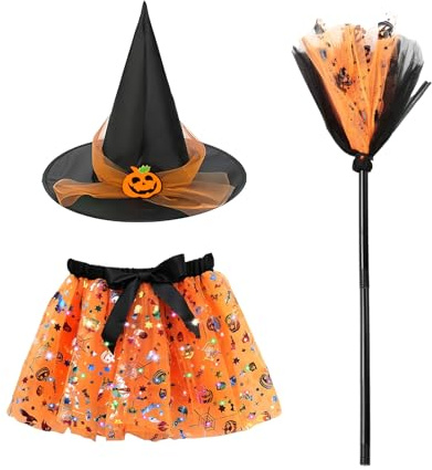 23GUANYI Deguisement Sorciere Halloween Costume, Costume Sorciere avec Jupe Tutu Lumineuse Balai et Chapeau Sorcière Déguisement Sorcière pour Halloween Carnaval Cosplay Fête