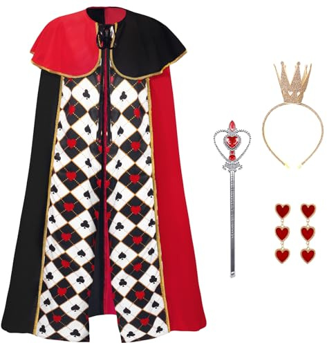 Maazusa Carnaval Reine Cape Déguisements Femmes Reine Adults Déguisement avec Cœur Cape Couronne Boucles d'oreilles en Forme de Cœur Pour Carnaval Anniversaire Party Costume (A Style Cœur Rouge 4Pcs)