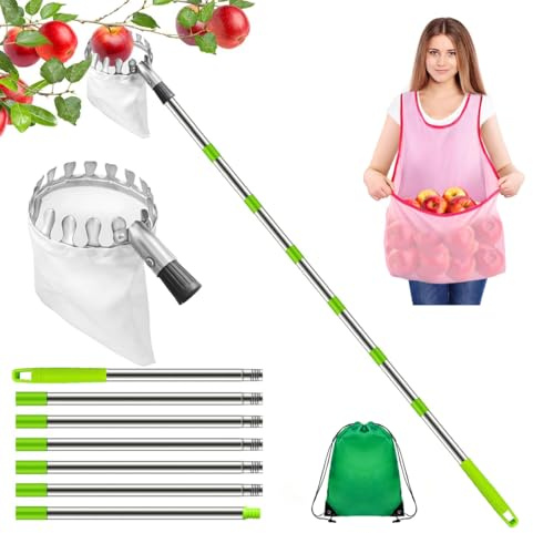 Fruit Picker and Gardening Harvest Storage Apron Set - 2.8m/9.2ft Fruit Picker Tool with Telescopic Handle, Stainless Steel Connecting Pole and Drawstring Storage Bag, Picker for Apple Lemon Cherry