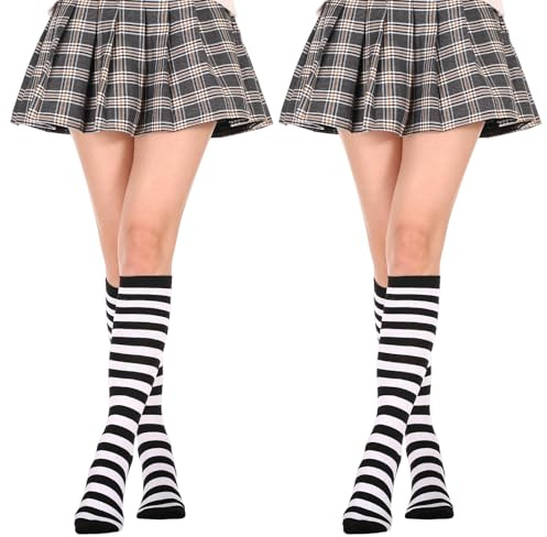 HaiFafafaing 2 Paar Kniestrümpfe Damen Thigh Highs Gestreifte Overknees Strümpfe Ringelstrümpfe Lange Gestreifte Socken Für Schule Weihnachten Cosplay Party Mädchen Frauen
