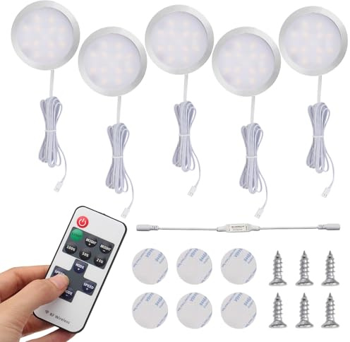 SUNOYA 6er Set LED Schrankbeleuchtung, Warmweiß Led Unterbauleuchte Küche, LED Unterbauleuchte Küche, Ultra-Dünnes Design 12V Runde Vitrinenbeleuchtung Fernbedienung Steckdose Schalter